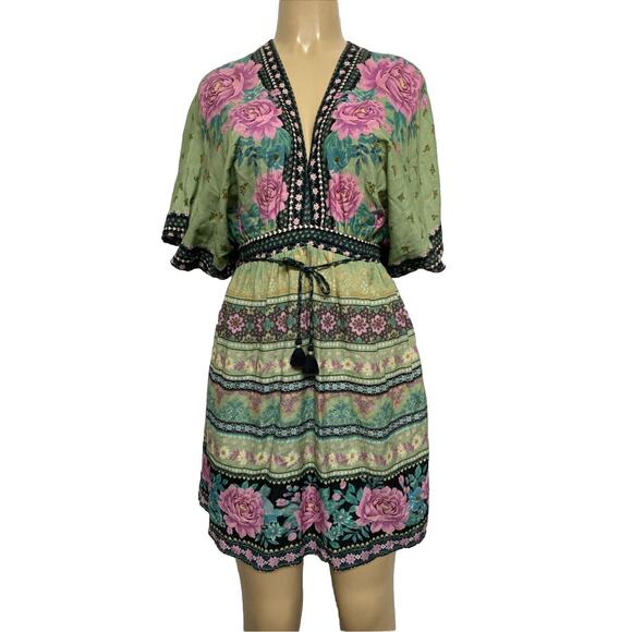 NWT FARM Rio Dress Mini Floral Green Black Short Dolman Sleeve Tassel V … - Picture 1 of 8